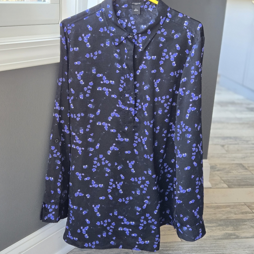Ann Taylor Black Blouse with Purple Floral Print